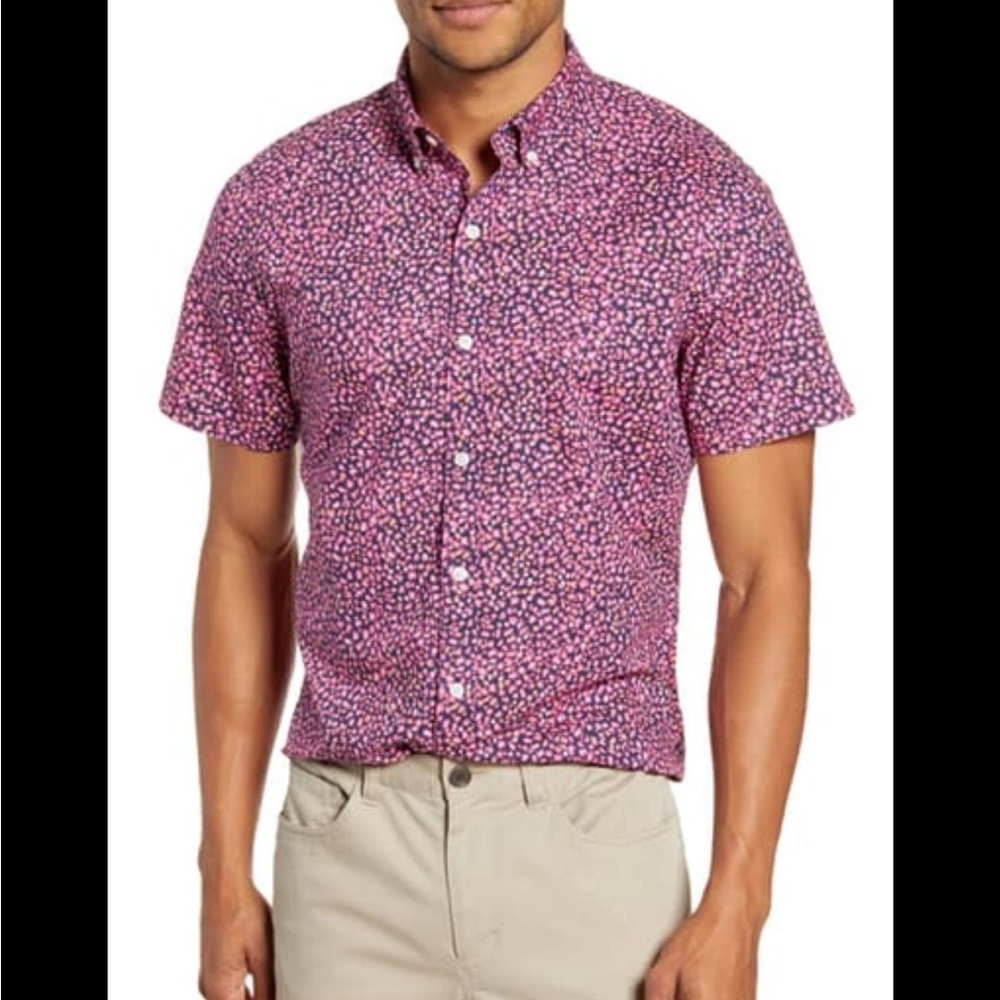 BONOBOS Riviera‎ Slim Fit Short Sleeve Button-down Shirt XL Mini Plumeria